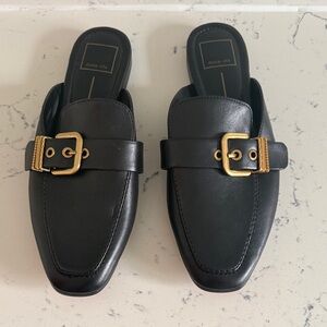 Dolce Vita Black Leather Slip-On Mules with Gold Buckles